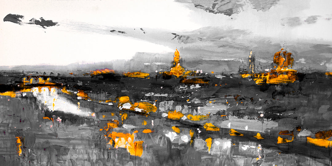 Abstract cityscape print featuring rich oranges and deep blacks contrasting a cloudy gray sky, showcasing gallery-level fine . - Florence Arno/#160/C - Abstract, Cityscape, Color, Oranges, Prints, Subject Matter