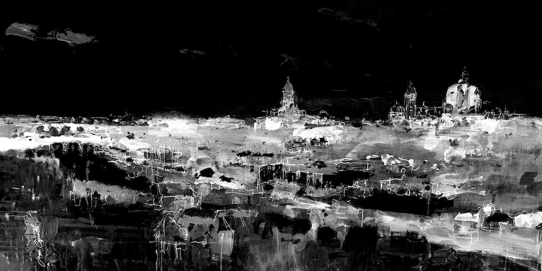 Rich black and white abstract cityscape print with high craftsmanship and gallery-level fine art quality on canvas. - Florence Arno/#160/D - Abstract, Black & White, Cityscape, Color, Prints, Subject Matter