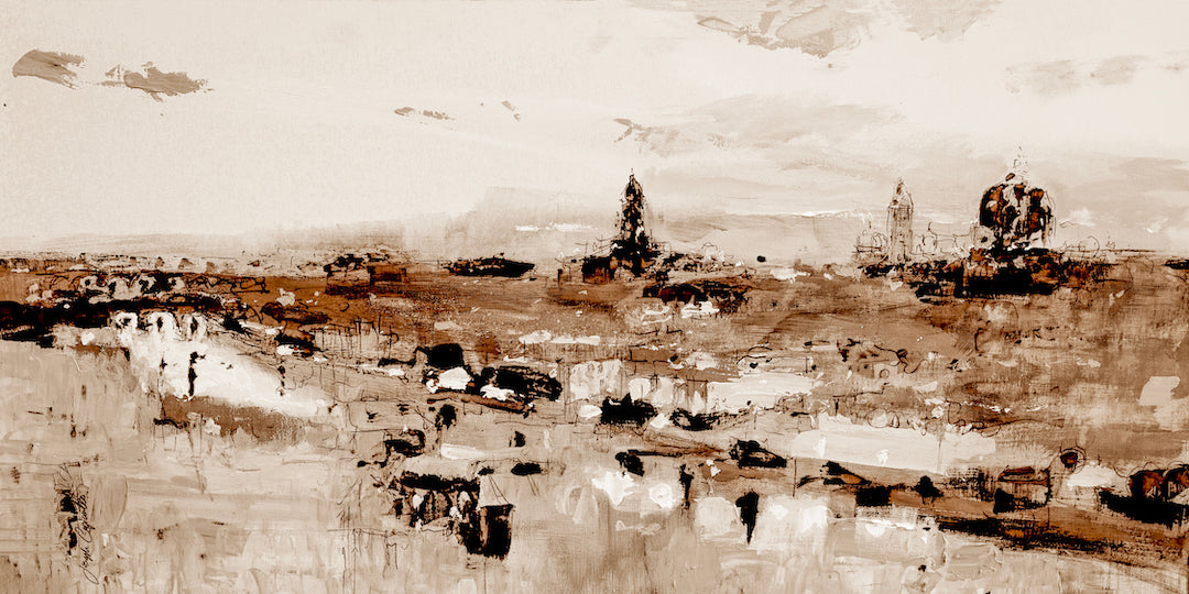 Rich sepia-toned abstract cityscape print on canvas, showcasing fine art craftsmanship with gallery-level quality and a. - Florence Arno/#160/E - Abstract, Cityscape, Color, Prints, Sepia, Subject Matter