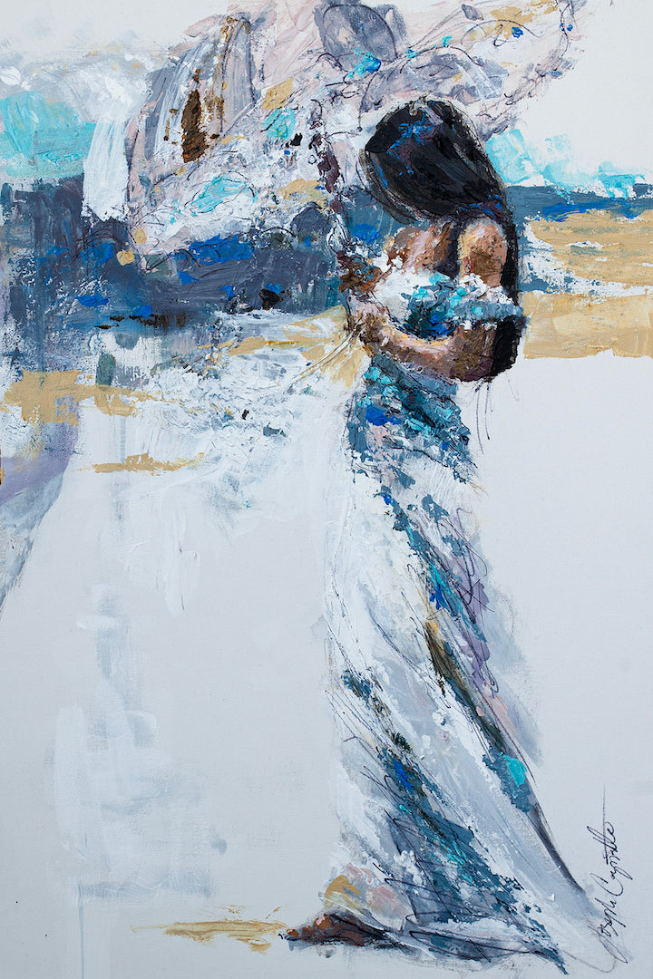 Rich fine art painting of a woman in a flowing white dress beside a white horse, textured brushstrokes, gallery-level. - Summer Stroll/AP/#163 - Artist Proofs, Figurative AP, Rolled Canvas