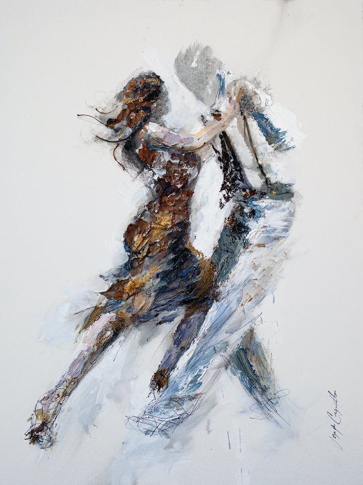 Fine art painting of a dancing couple with rich, textured brushstrokes in warm browns and cool grays on rolled canvas,. - A Night To Remember/AP/#164 - Artist Proofs, Dancers AP, Figurative AP, Rolled Canvas