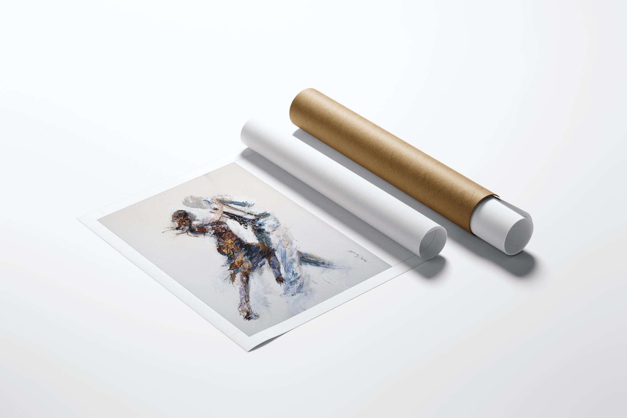 Limited fine art print titled A Night To Remember/AP/#164 showing two dancers in fluid motion with rich blue and brown. - A Night To Remember/AP/#164 - Artist Proofs, Dancers AP, Figurative AP, Rolled Canvas