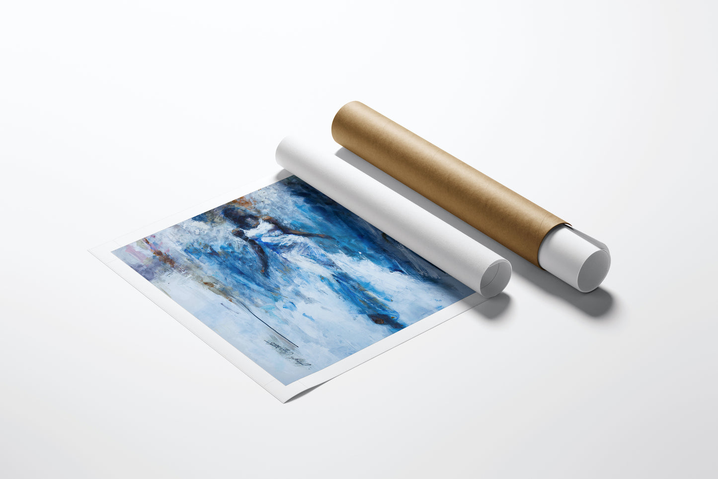 Limited edition fine art figurative print with rich blue and black tones on rolled canvas beside a gold and white storage. - Angel/AP/#166 - Artist Proofs, Figurative AP, Rolled Canvas