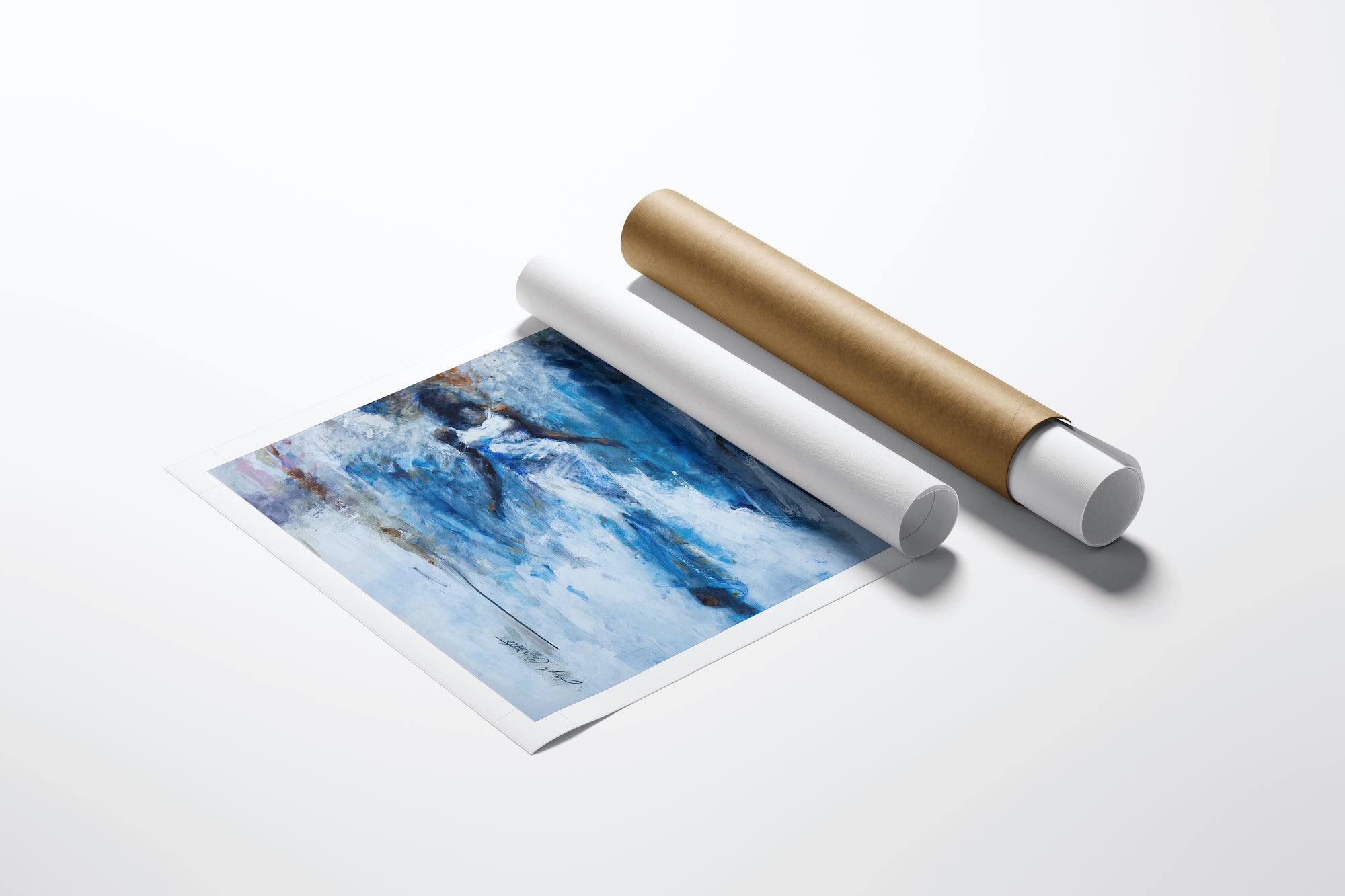 Limited edition fine art figurative print with rich blue and black tones on rolled canvas beside a gold and white storage. - Angel/AP/#166 - Artist Proofs, Figurative AP, Rolled Canvas