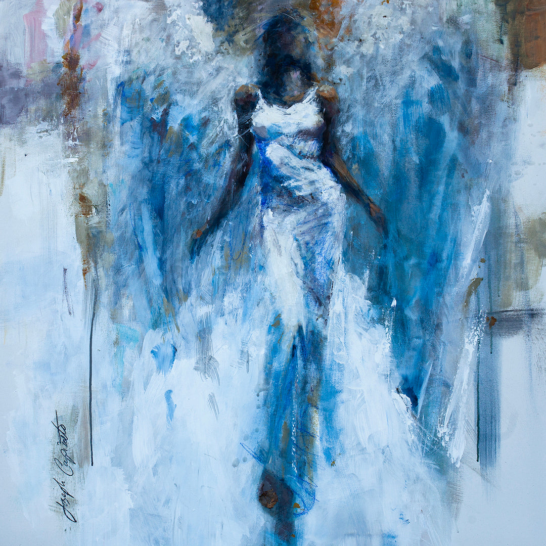 Limited fine art canvas featuring a rich, gallery-level figurative angel in textured blues and whites, showcasing. - Angel/AP/#166 - Artist Proofs, Figurative AP, Rolled Canvas