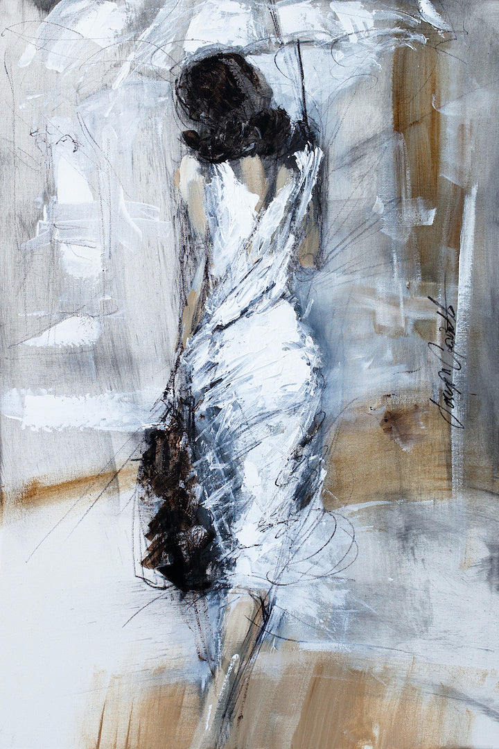 Figurative fine art of a woman in a white dress walking in rain, muted palette, textured brushstrokes, gallery-level. - Walking in the Rain/AP/#167 - Artist Proofs, Figurative AP, Rolled Canvas