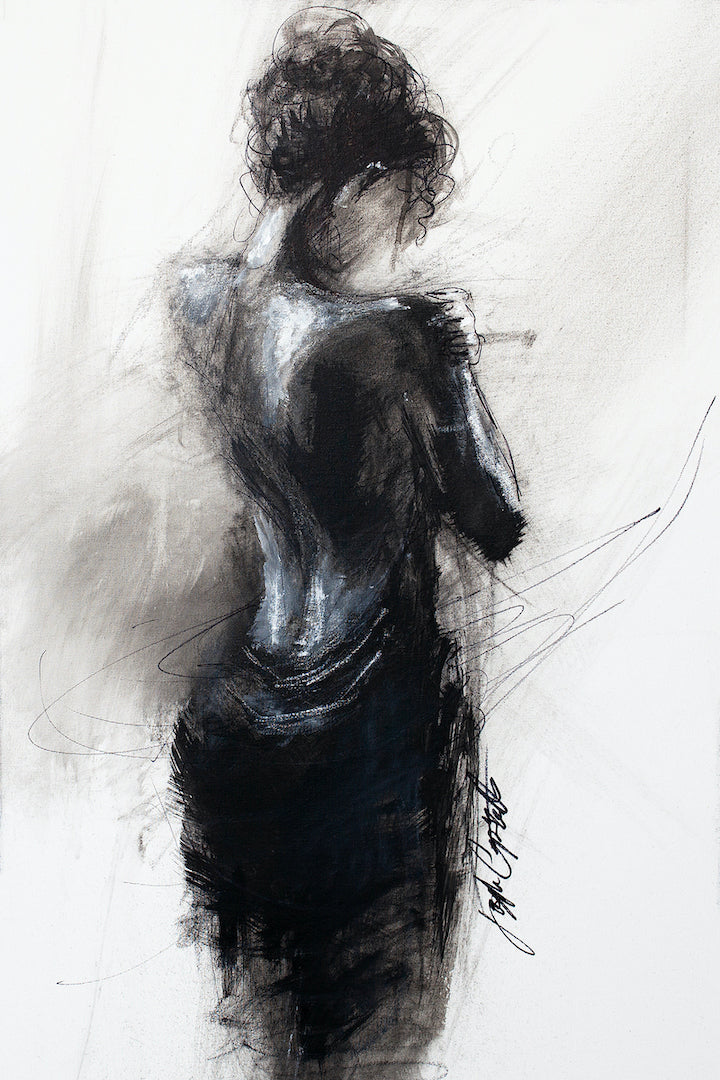 Figurative fine art of a woman in a black dress with expressive brushwork in neutral tones on gallery-level canvas. - Figure Study/AP/#168 - Artist Proofs, Figurative AP, Rolled Canvas