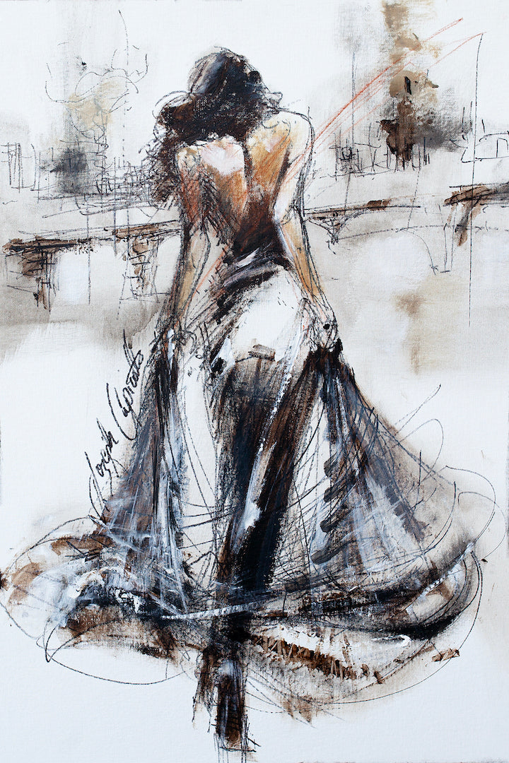 Fine art figurative painting of a woman in a flowing white gown, rich watercolor and ink brushstrokes, gallery-level. - Women in White/AP/#169 - Artist Proofs, Figurative AP, Rolled Canvas