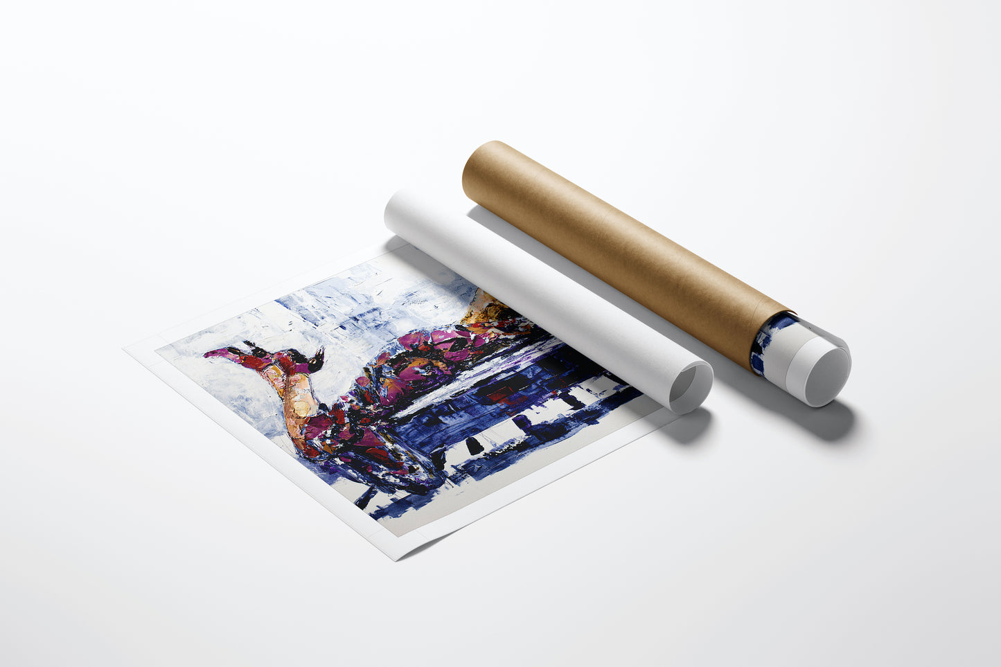 Limited edition fine art print of a woman in rich colors reclining by a grand piano, displayed with rolled canvas tubes. - Piano Lounger/AP/#171 - Artist Proofs, Figurative AP, Rolled Canvas, Women & Piano AP