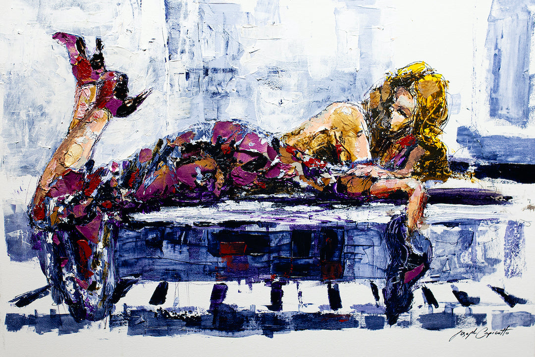 Richly textured fine art of a woman reclining on a piano, showcasing gallery-level craftsmanship and vibrant, abstract. - Piano Lounger/AP/#171 - Artist Proofs, Figurative AP, Rolled Canvas, Women & Piano AP