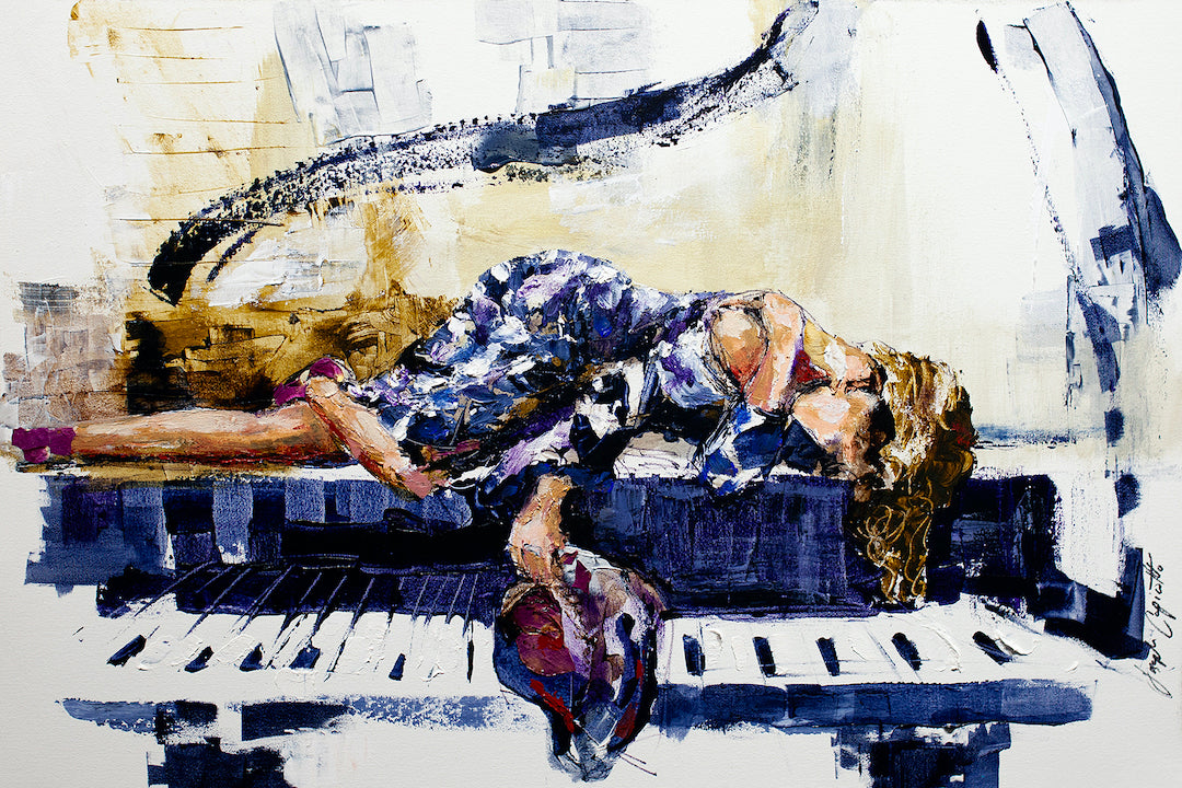 Gallery-level fine art painting of a woman reclining on a piano keyboard, rich textured brushstrokes in blue, white, and. - Piano Love/AP/#173 - Artist Proofs, Figurative AP, Rolled Canvas, Women & Piano AP