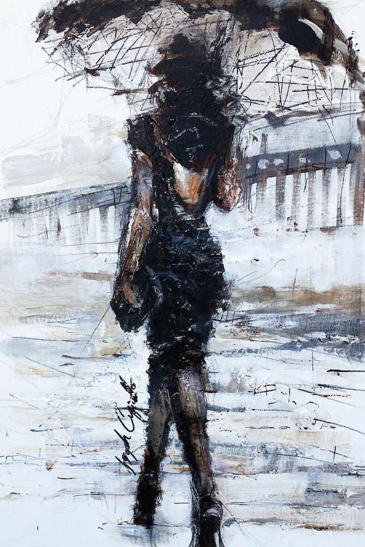 Gallery-level fine art showing a lone woman in a dark dress holding an umbrella, rendered with rich, expressive brushstrokes . - Woman With Umbrella/AP/#174 - Artist Proofs, Figurative AP, Rolled Canvas