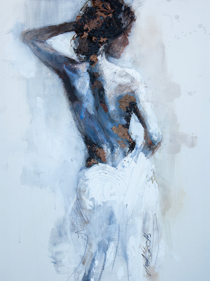 Fine art gallery-level figurative painting of a woman seen from behind, rich blue and brown tones on skin and hair, soft. - Lady in Leaves/AP/#175 - Artist Proofs, Figurative AP, Rolled Canvas