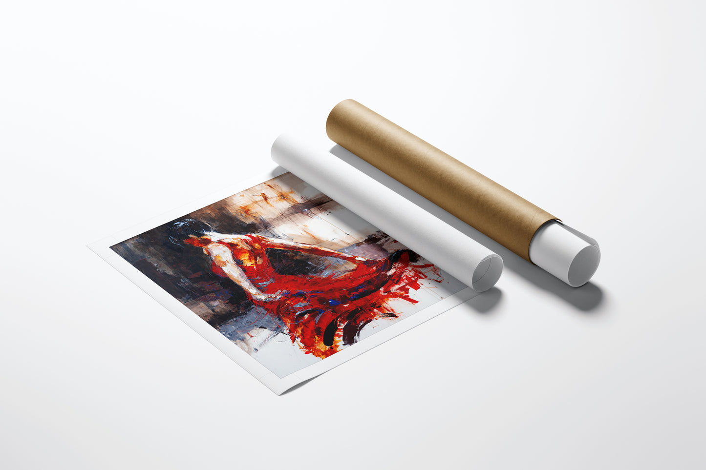 Limited edition fine art print of a figurative dancer in a flowing red dress, showcasing rich colors and gallery-level. - Into the Fire/AP/#176 - Artist Proofs, Dancers AP, Figurative AP, Rolled Canvas
