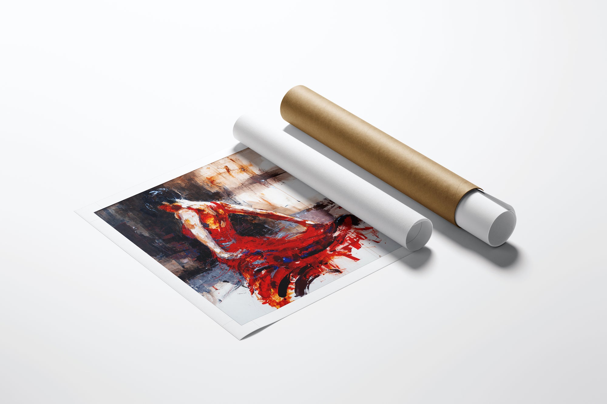 Limited edition fine art print of a figurative dancer in a flowing red dress, showcasing rich colors and gallery-level. - Into the Fire/AP/#176 - Artist Proofs, Dancers AP, Figurative AP, Rolled Canvas