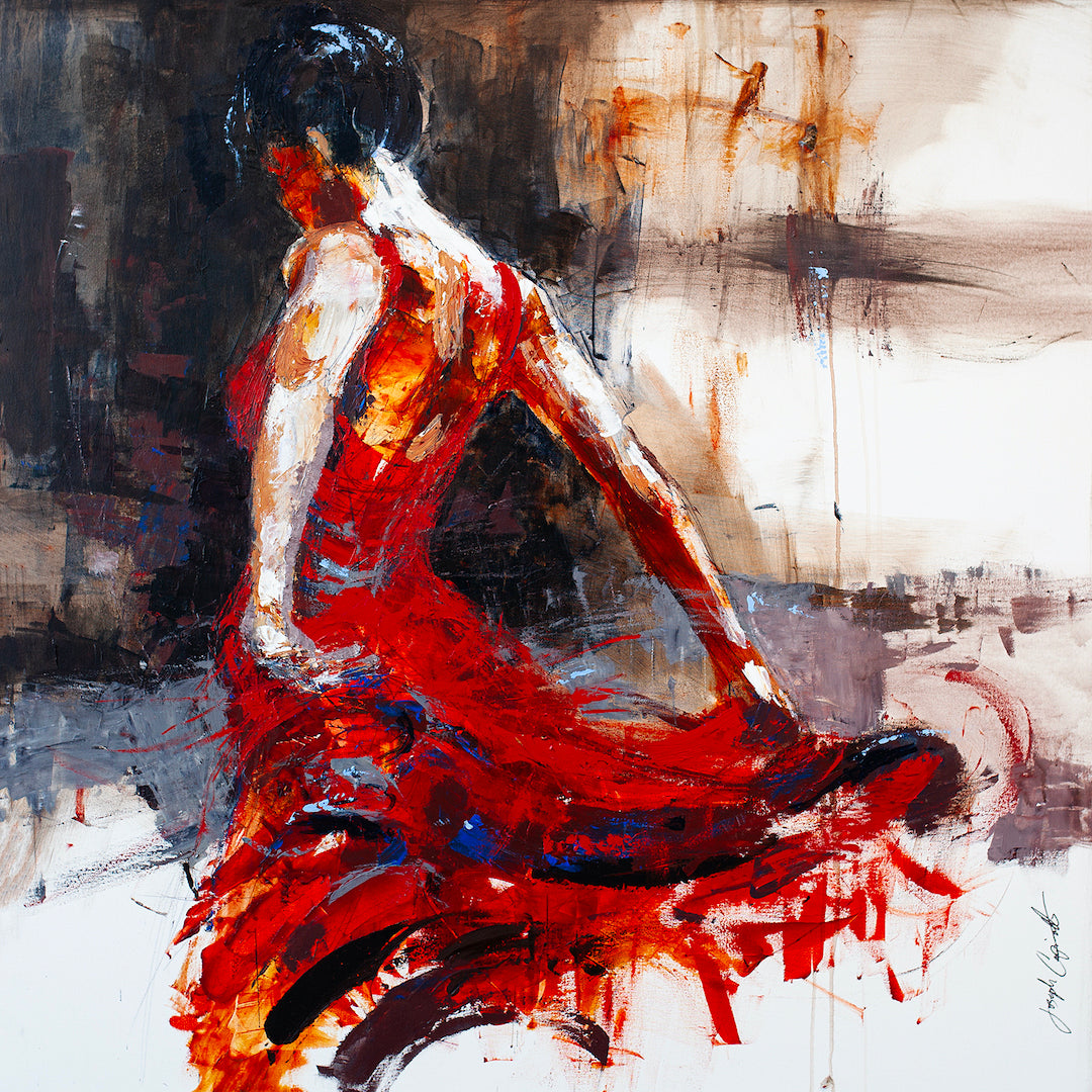 Limited fine art canvas featuring a dancer in a vibrant red dress with expressive, textured brushstrokes highlighting. - Into the Fire/AP/#176 - Artist Proofs, Dancers AP, Figurative AP, Rolled Canvas