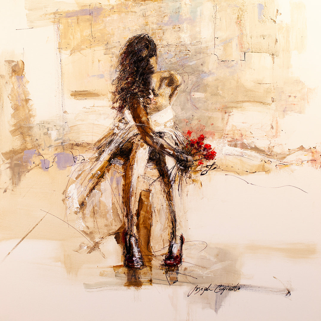 Gallery-level fine art painting of a young girl in a flowing dress holding red flowers, rendered in rich, textured. - Happy Birthday Baby Girl/AP/#178 - Artist Proofs, Figurative AP, Rolled Canvas