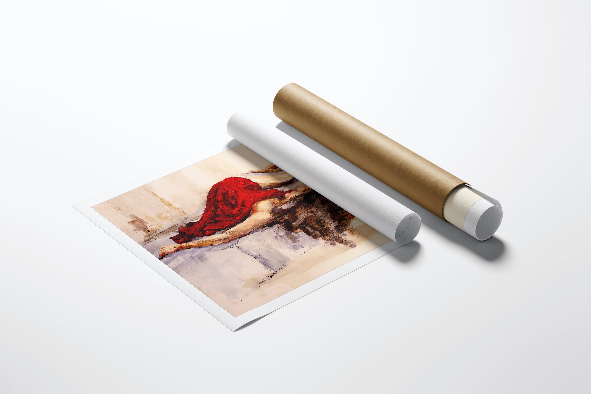 Limited gallery-level fine art print "Resting in Red/AP/#180" with rich red and neutral tones, rolled canvas next to. - Resting in Red/AP/#180 - Artist Proofs, Figurative AP, Rolled Canvas