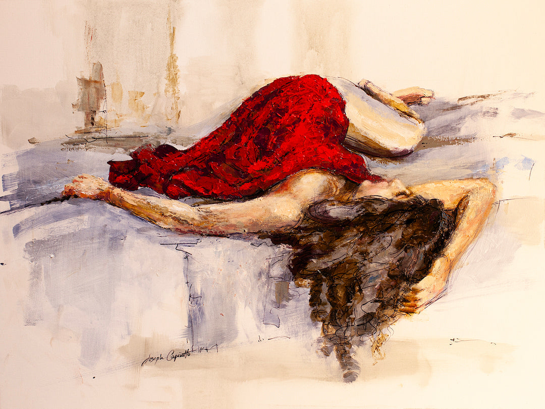 Fine art figurative painting of a reclining woman in a rich red dress with loose dark hair on soft, muted background,. - Resting in Red/AP/#180 - Artist Proofs, Figurative AP, Rolled Canvas