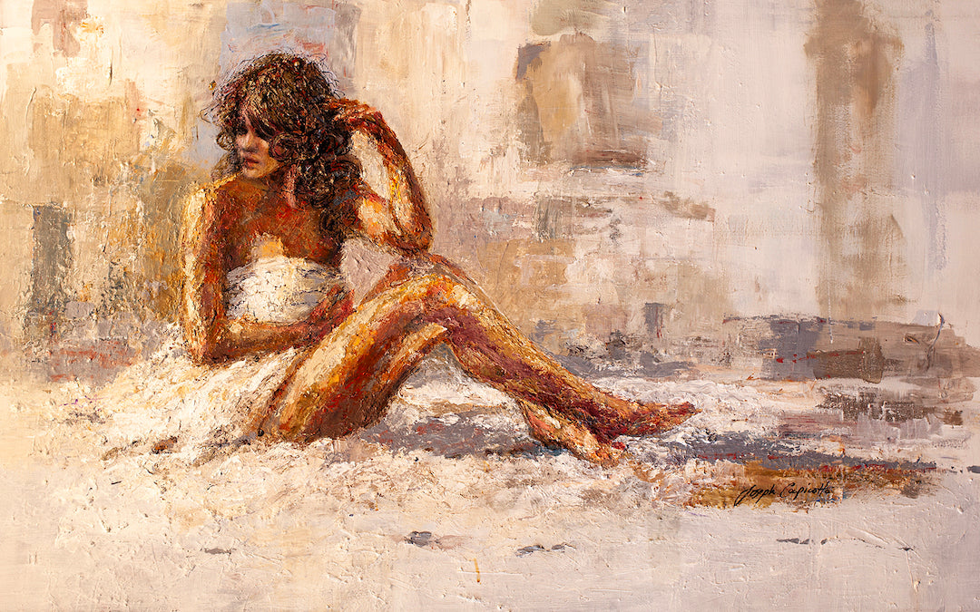Richly textured gallery-level figurative painting of a seated woman in a white dress, warm earth tones, expressive. - Windows/AP/#181 - Artist Proofs, Figurative AP, Rolled Canvas