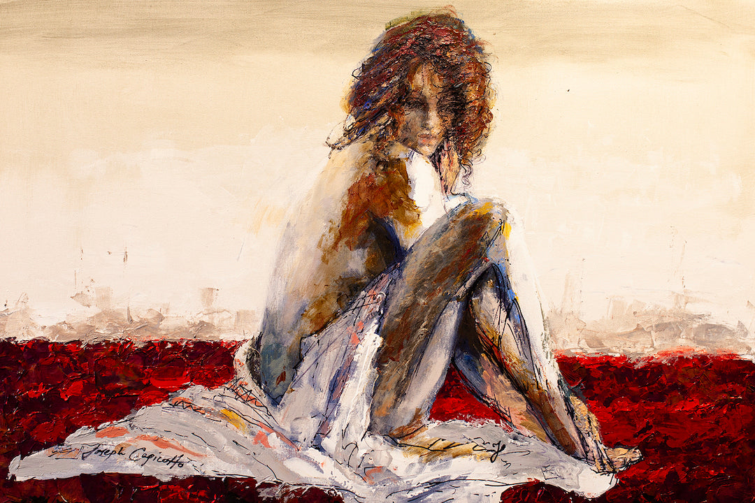 Limited edition fine art canvas featuring a contemplative female figure in warm, rich earth tones and textured brushwork,. - Becoming One/AP/#182 - Artist Proofs, Figurative AP, Rolled Canvas