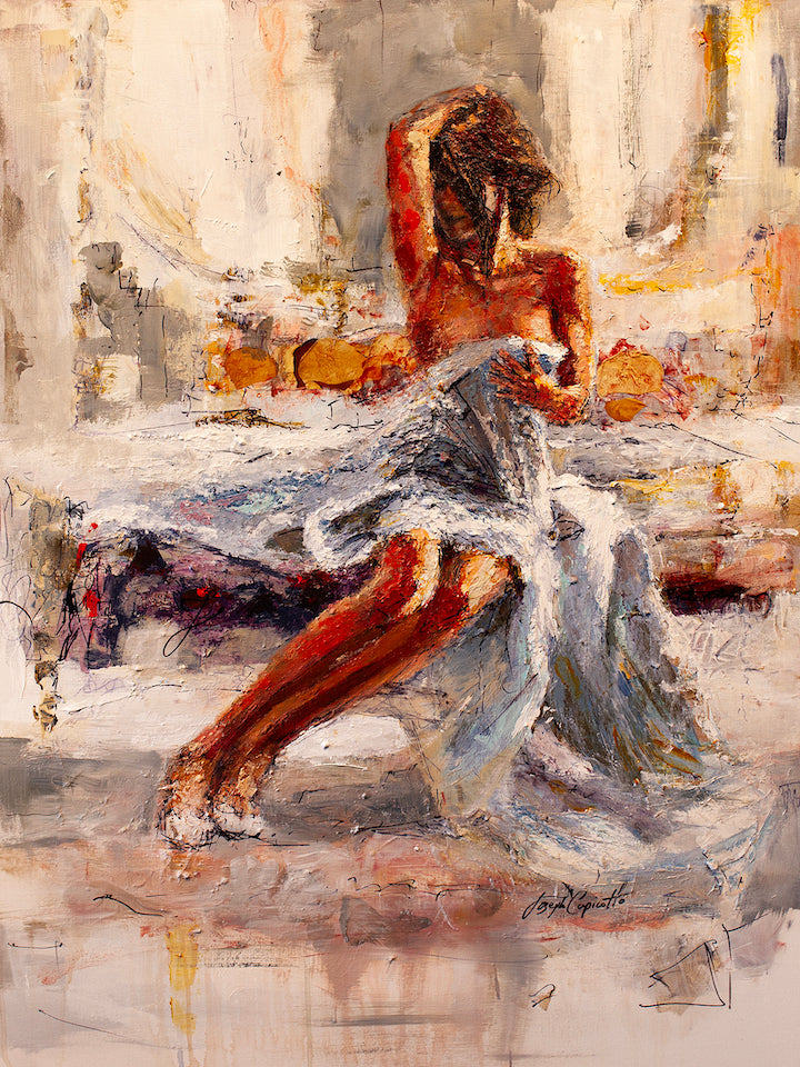 Rich fine art painting of a seated woman with flowing dress, showcasing gallery-level craftsmanship and limited edition. - Passion and Grace/AP/#183 - Artist Proofs, Figurative AP, Rolled Canvas
