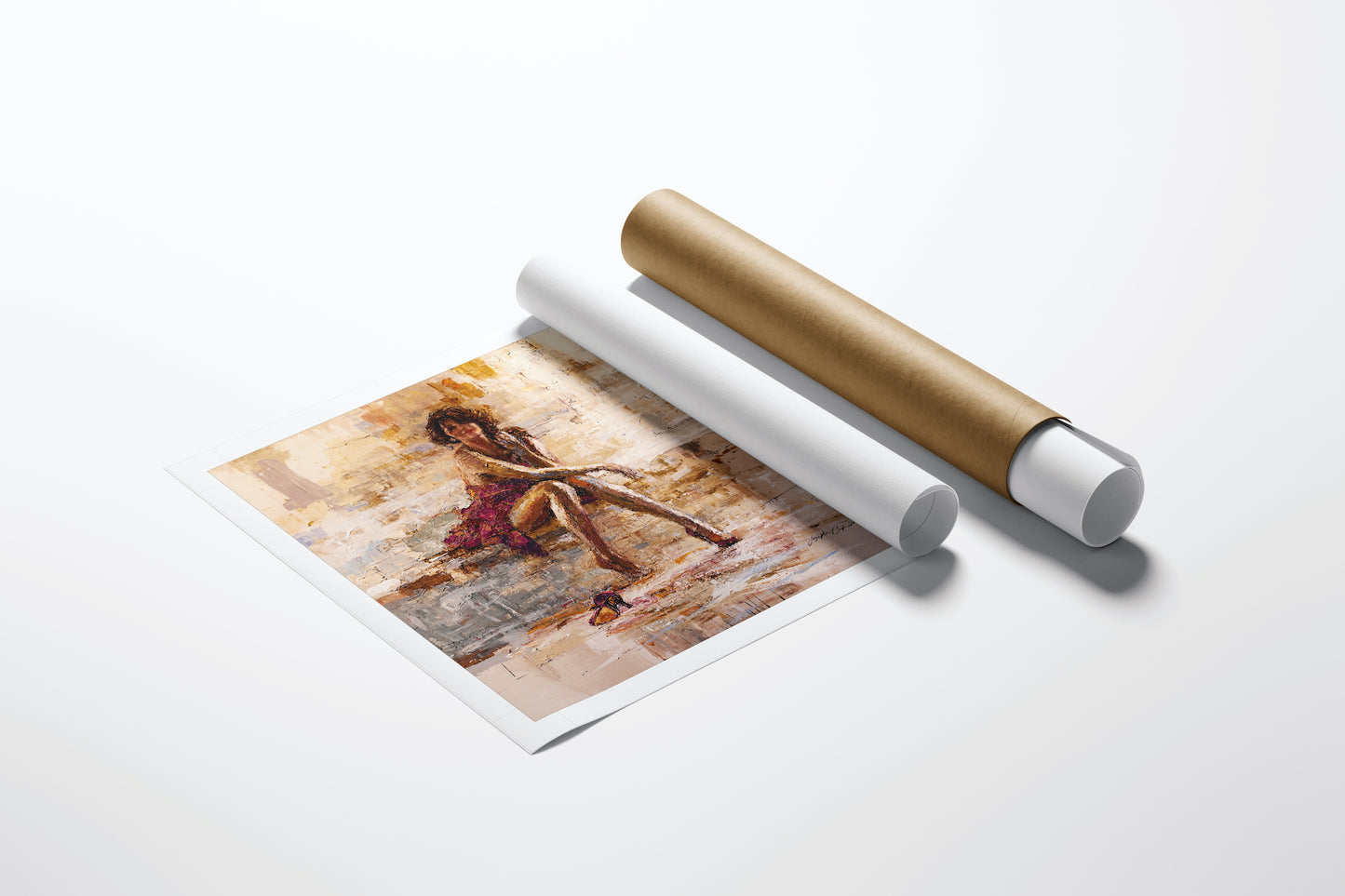 Limited fine art figurative print titled Fall into Place/AP/#184 displayed unrolled beside two protective brown and white. - Fall into Place/AP/#184 - Artist Proofs, Figurative AP, Rolled Canvas