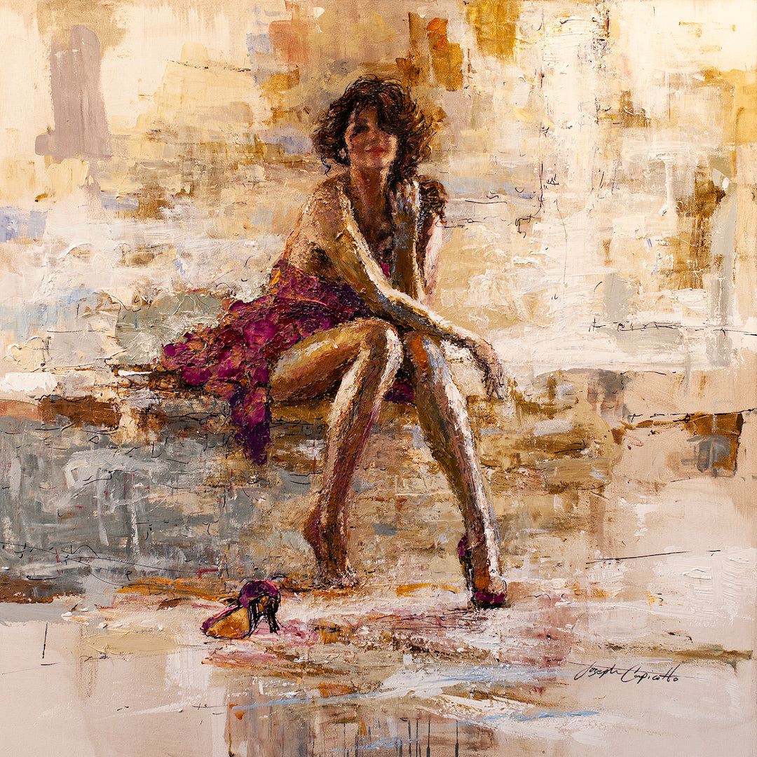 Rich, gallery-level figurative fine art of a seated woman in a deep burgundy skirt, textured with warm cream and gold. - Fall into Place/AP/#184 - Artist Proofs, Figurative AP, Rolled Canvas