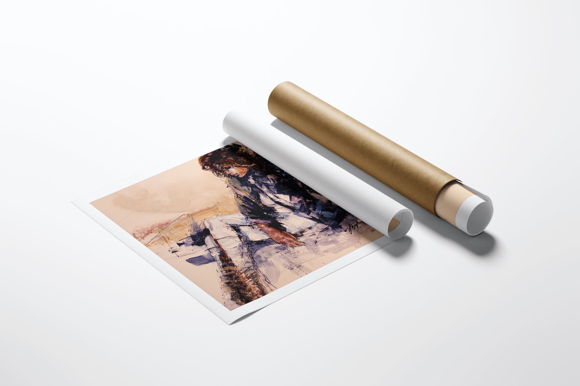 Limited edition fine art rolled canvas print featuring rich, abstract figurative design in soft beige and deep black tones,. - Little Star/AP/#185 - Artist Proofs, Figurative AP, Rolled Canvas