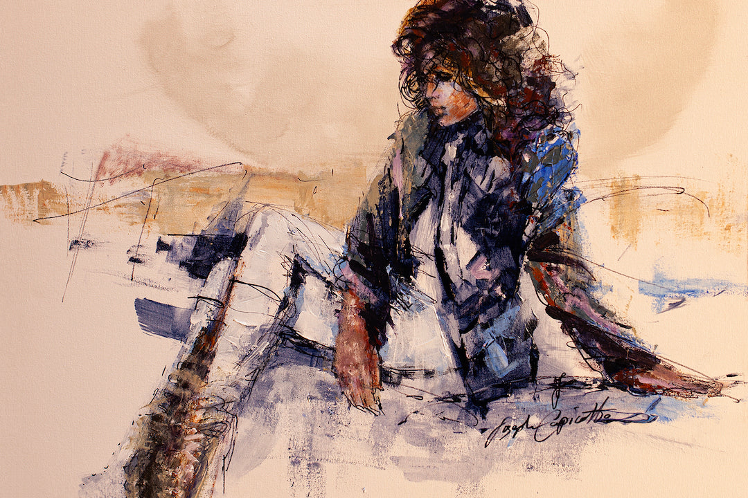 Fine art figurative painting of a seated woman with textured brushstrokes in rich blues, browns, and creams on gallery-level . - Little Star/AP/#185 - Artist Proofs, Figurative AP, Rolled Canvas