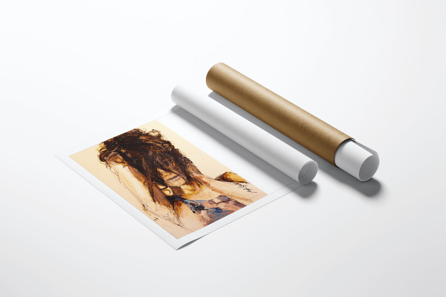 Limited edition fine art print featuring rich, figurative brushstrokes of a woman with dark hair, displayed beside. - Camouflage/AP/#186 - Artist Proofs, Figurative AP, Rolled Canvas