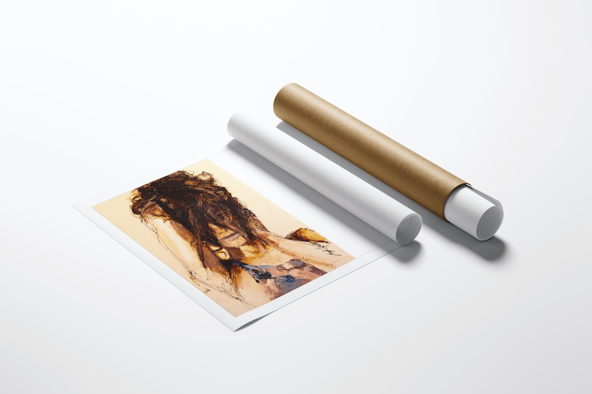 Limited edition fine art print featuring rich, figurative brushstrokes of a woman with dark hair, displayed beside. - Camouflage/AP/#186 - Artist Proofs, Figurative AP, Rolled Canvas