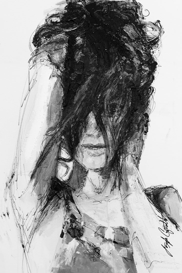 Black and white fine art canvas print of a woman with tousled hair covering her eyes, showcasing rich texture and. - Camouflage/#186/D - Black & White, Color, Figurative, Prints, Subject Matter
