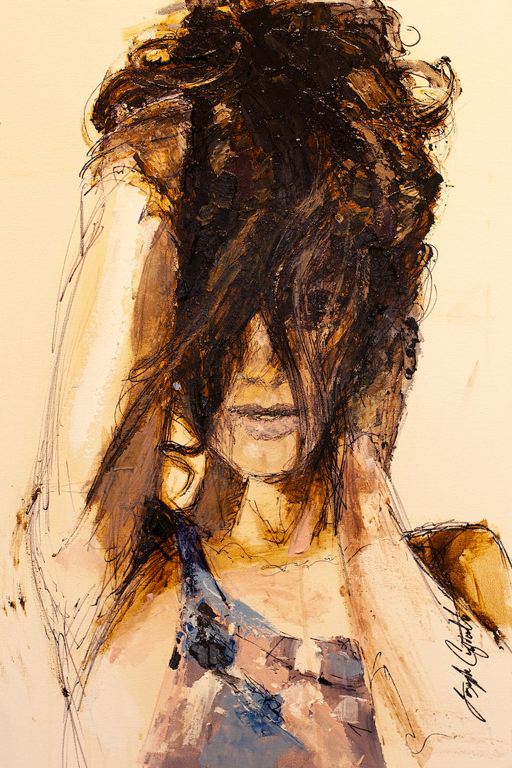 Fine art canvas featuring rich, expressive brushstrokes of a figure with tousled dark hair covering the face, rendered in. - Camouflage/AP/#186 - Artist Proofs, Figurative AP, Rolled Canvas