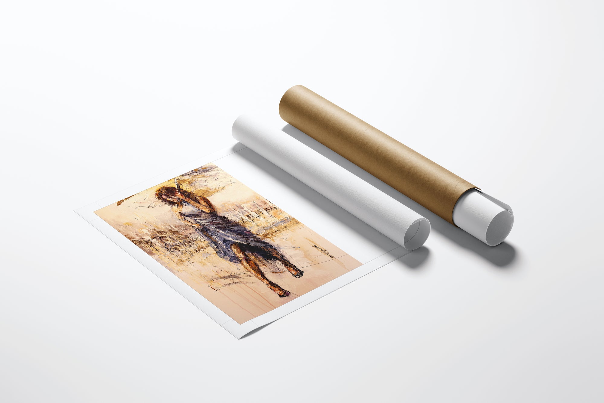 Limited edition fine art print "Storming Through/AP/#187" displayed beside two protective tubes, showcasing rich,. - Storming Through/AP/#187 - Artist Proofs, Figurative AP, Rolled Canvas