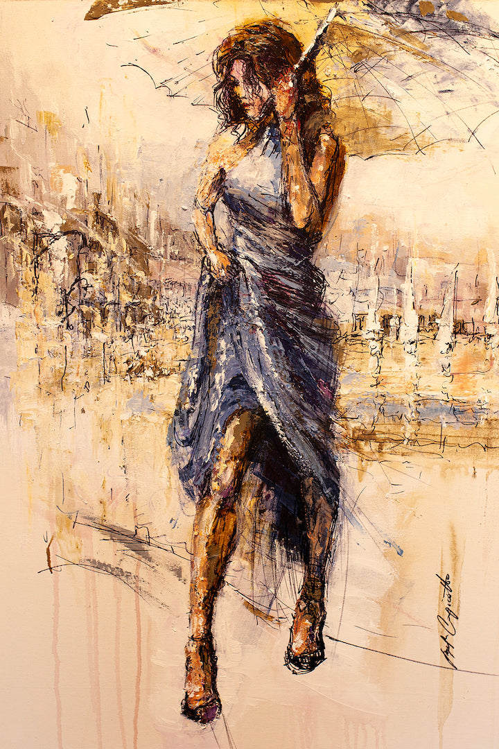 Gallery-level fine art of a woman in a flowing blue dress holding a yellow umbrella, rich texture and dynamic brushwork on. - Storming Through/AP/#187 - Artist Proofs, Figurative AP, Rolled Canvas