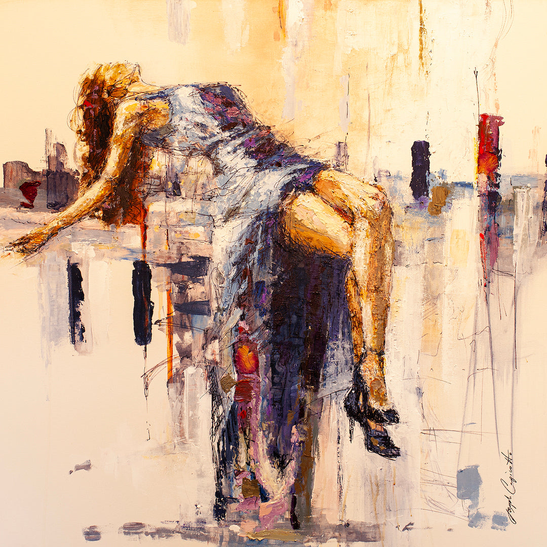 Limited fine art canvas depicting a figurative woman in a textured blue dress reclining against abstract vertical forms,. - Key Memories/AP/#188 - Artist Proofs, Figurative AP, Rolled Canvas