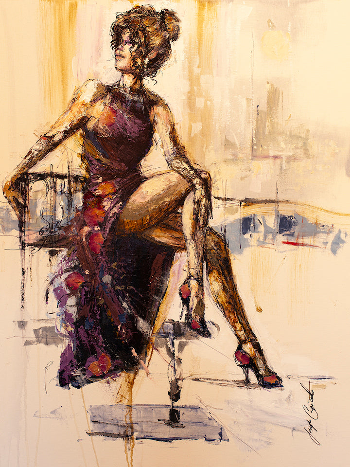 Limited gallery-level fine art showing a woman in a rich burgundy dress seated on a chair, rendered with expressive. - Looking Back/AP/#189 - Artist Proofs, Figurative AP, Rolled Canvas
