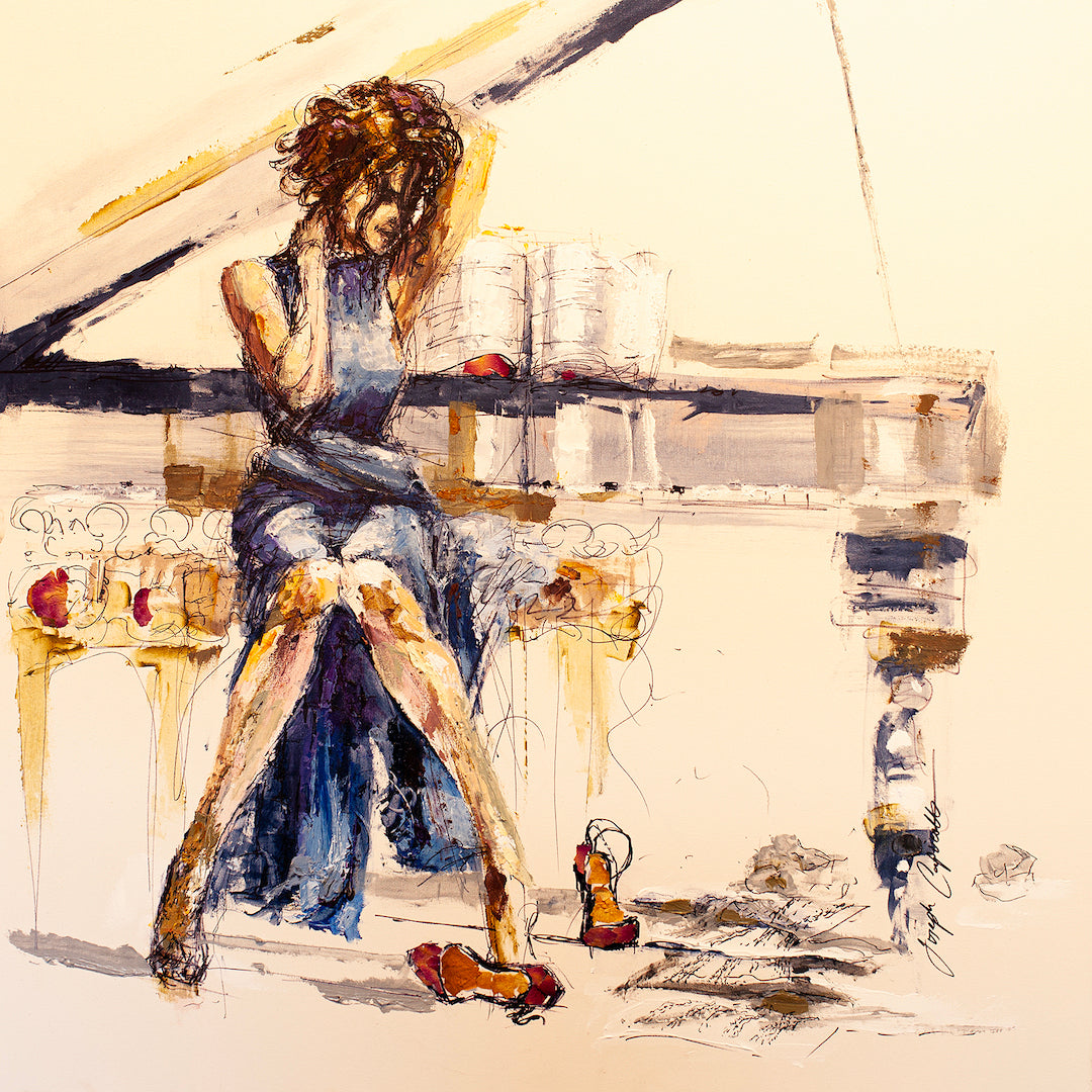 Rich, gallery-level fine art of a woman in a dark blue dress seated at a white grand piano, expressive brushstrokes and. - Pages on the Floor/AP/#190 - Artist Proofs, Figurative AP, Rolled Canvas, Women & Piano AP