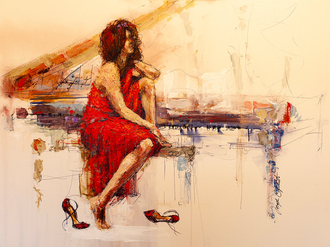 Figurative fine art painting of a woman in a red dress seated pensively on a piano bench, rich brushstrokes and. - A Time Before/AP/#191 - Artist Proofs, Figurative AP, Rolled Canvas, Women & Piano AP
