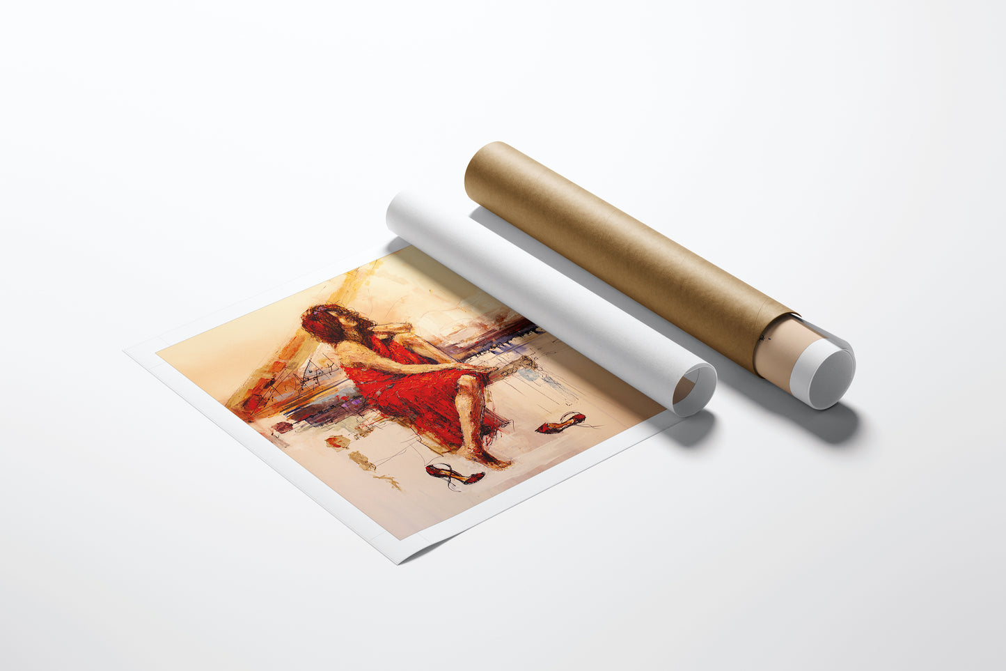 Limited fine art print of a figurative woman in a red dress playing piano, rolled canvas next to it, showcasing rich colors. - A Time Before/AP/#191 - Artist Proofs, Figurative AP, Rolled Canvas, Women & Piano AP