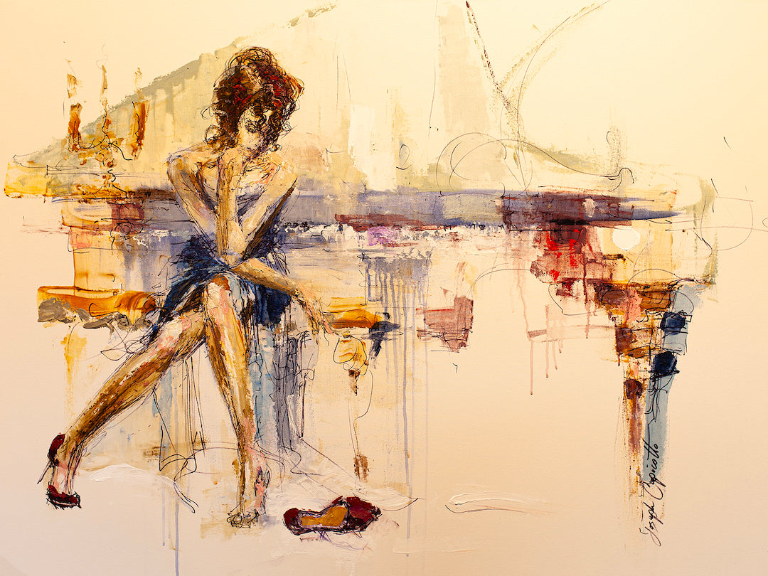 Figurative fine art painting of a woman seated on the floor beside a grand piano, rich warm tones and detailed brushwork. - Pages on the Floor/AP/#192 - Artist Proofs, Figurative AP, Rolled Canvas, Women & Piano AP