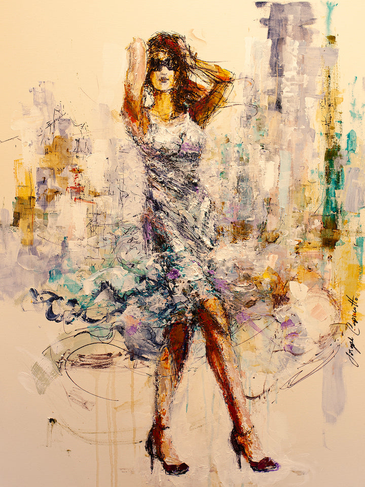 Limited fine art figurative painting of a woman in a flowing dress with rich textured brushstrokes on rolled canvas,. - Uptown Girl/AP/#193 - Artist Proofs, Figurative AP, Rolled Canvas