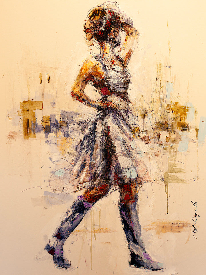 Fine art figurative painting of a woman in a flowing dress and boots, rich textures and earthy tones, gallery-level. - New Girl/AP/#194 - Artist Proofs, Figurative AP, Rolled Canvas