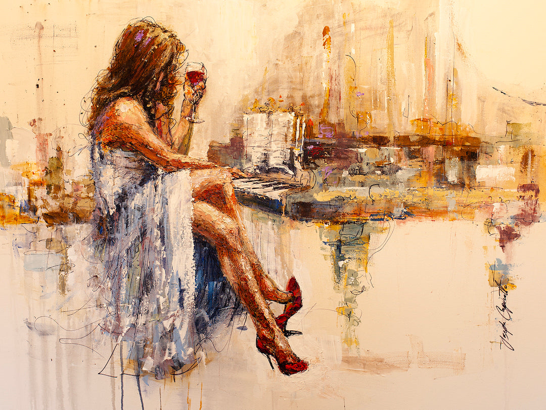 Rich fine art painting of a woman in a white dress seated at a piano, detailed brushwork highlighting her red high heels and . - Playful and Brilliant/AP/#195 - Artist Proofs, Figurative AP, Rolled Canvas, Women & Piano AP
