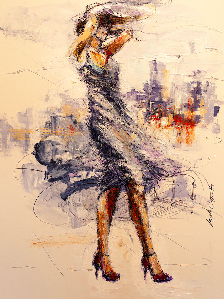 Fine art painting of a graceful female dancer in a flowing black dress and heels, city skyline in soft, rich tones,. - City Breeze/AP/#196 - Artist Proofs, Dancers AP, Figurative AP, Rolled Canvas