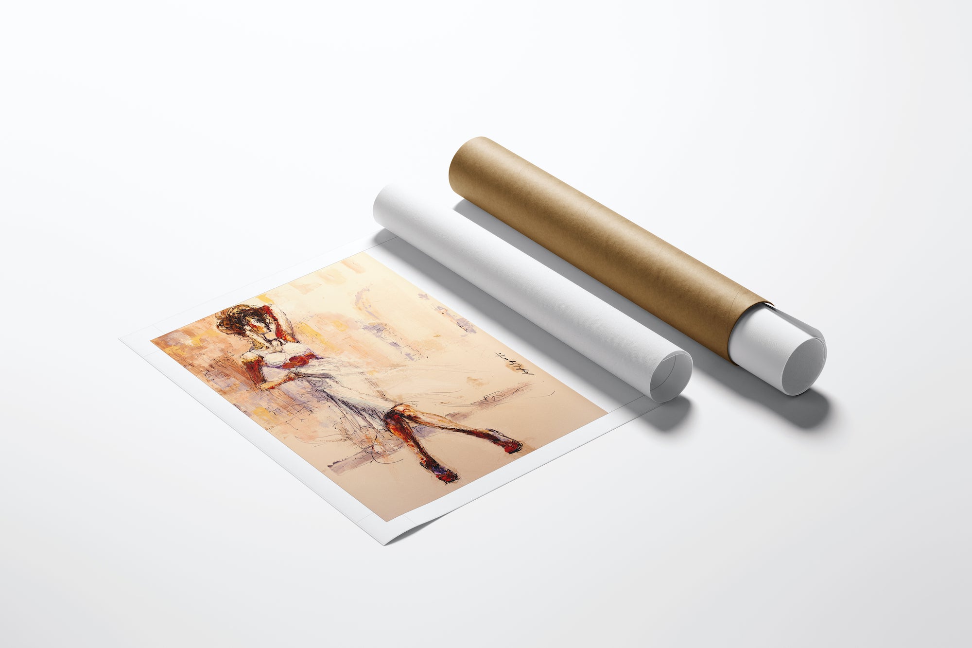 Limited edition fine art print titled Downtown Edge/AP/#197, featuring dynamic dancers in rich, warm tones on rolled canvas. - Downtown Edge/AP/#197 - Artist Proofs, Dancers AP, Figurative AP, Rolled Canvas