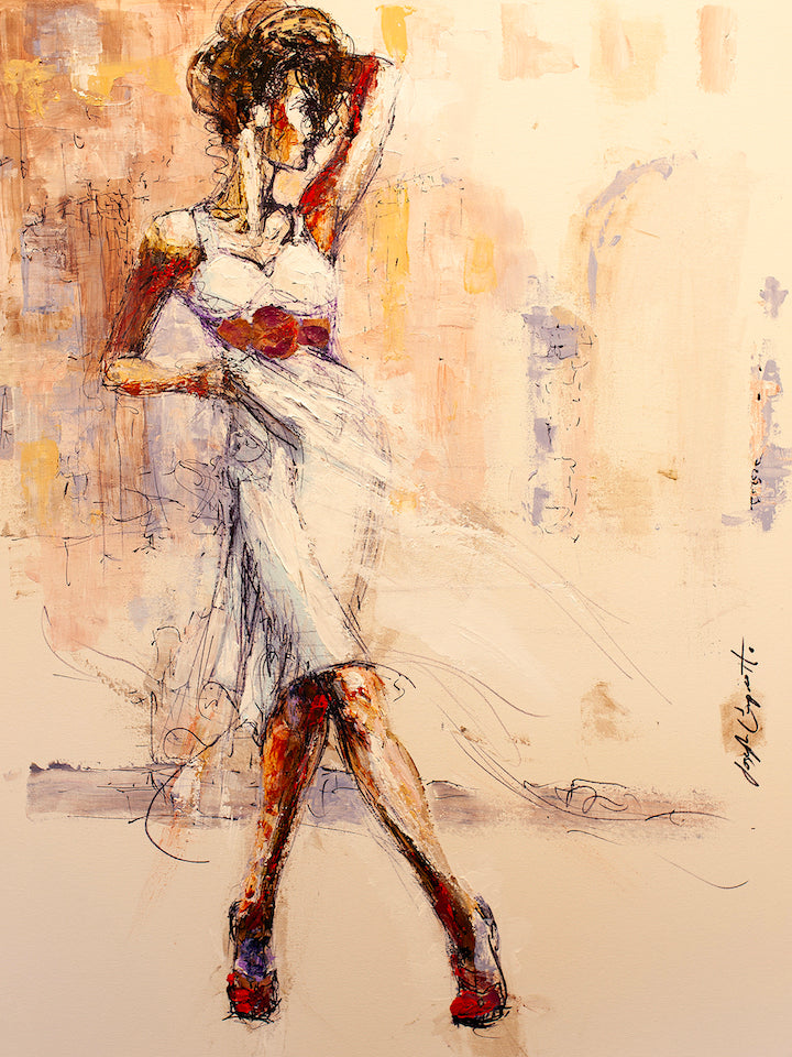 Fine art painting of a dancer in a flowing white dress with red accents, rich textured brushstrokes, and warm beige. - Downtown Edge/AP/#197 - Artist Proofs, Dancers AP, Figurative AP, Rolled Canvas