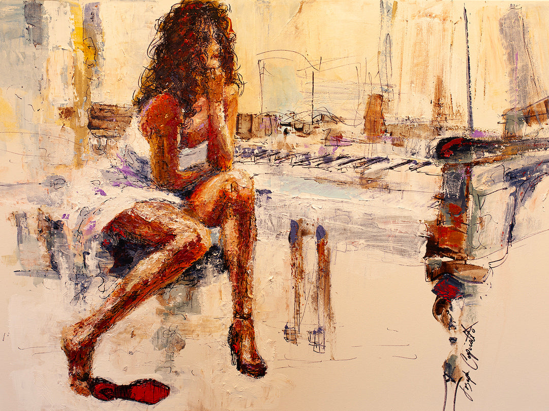 Richly textured fine art canvas showing a contemplative woman seated in white dress by a grand piano, warm earthy tones,. - Dancing in Your Mind/AP/#198 - Artist Proofs, Figurative AP, Rolled Canvas, Women & Piano AP