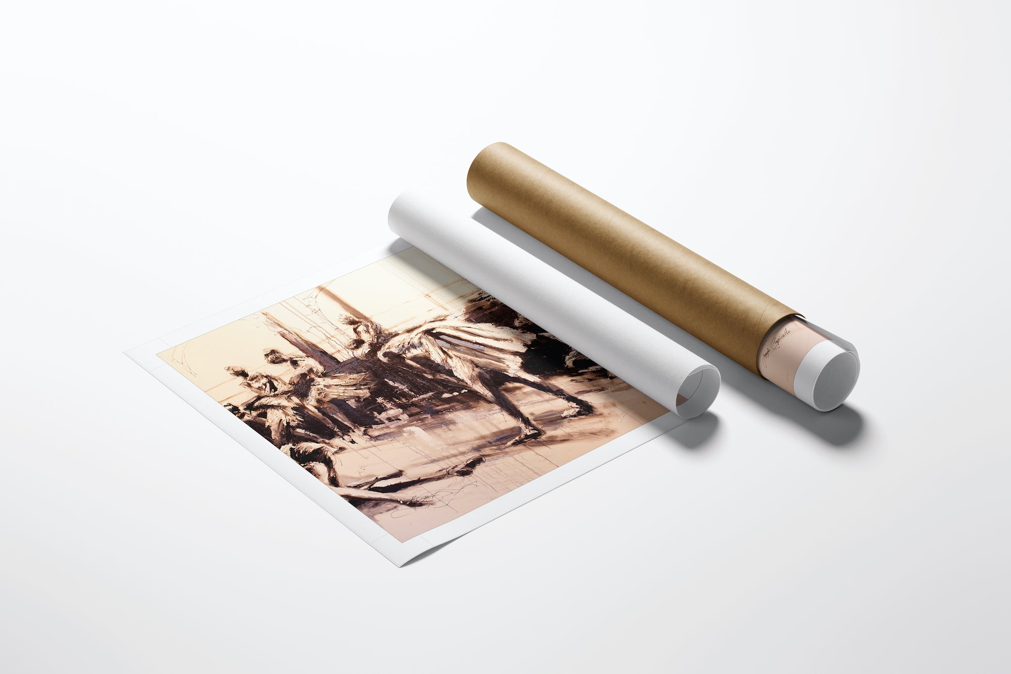 Sepia-toned fine art print of dynamic dancers captured mid-motion, crafted on gallery-level rolled canvas with rich texture. - The Warm Up/AP/#199 - Artist Proofs, Dancers AP, Figurative AP, Rolled Canvas
